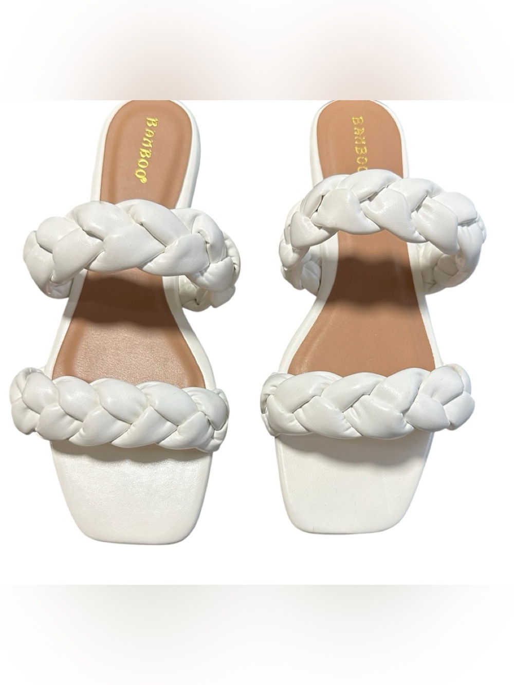 White Braided Heeled Sandals With Square Toe & Slip-On Style square 68. SZ 8.5